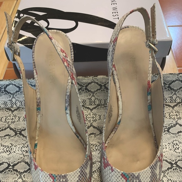 Nine West Snakeskin Sling Back Heels in Cream/Pink/Turquoise/Tan/Taupe Colors - Picture 6 of 6